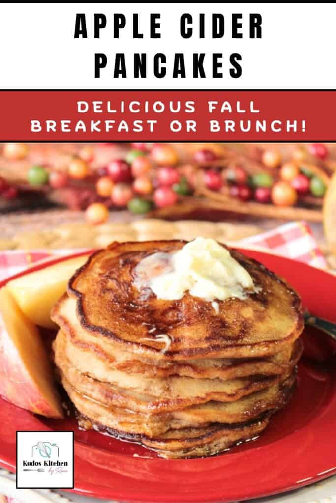 A golden brown stack of apple cider pancakes on a red plate.