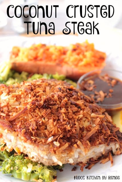 Title text image of coconut tuna steak with a sweet potato in the background and broccoli underneath,.
