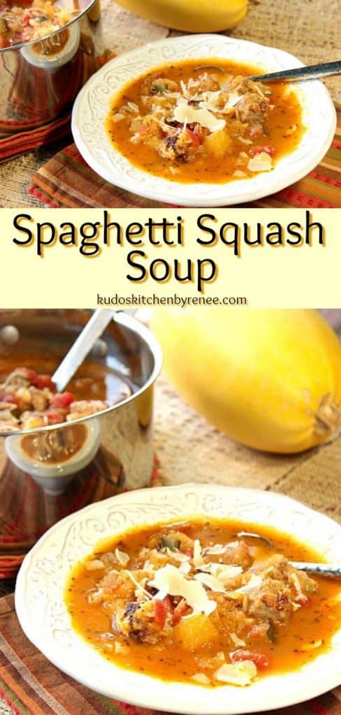  A vertical photo collage  of spaghetti squash soup in a bowl and in a soup pot with a title text overlay graphic