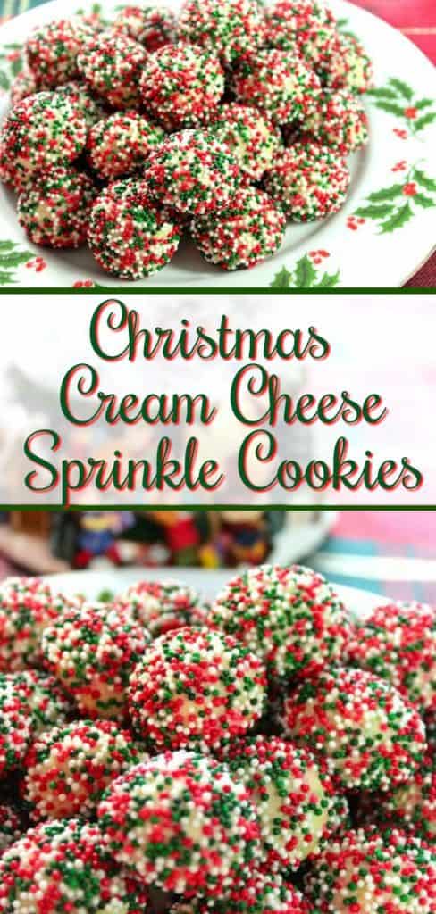 Vertical title text collage image of cream cheese sprinkle cookies on a Christmas plate with holly.