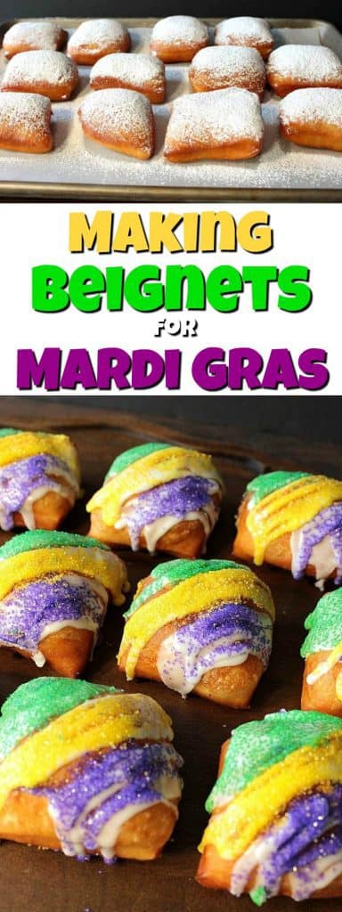 A vertical title text collage of homemade fried beignets for Mardi gras with colored sanding sugar and plain white icing sugar dusting.