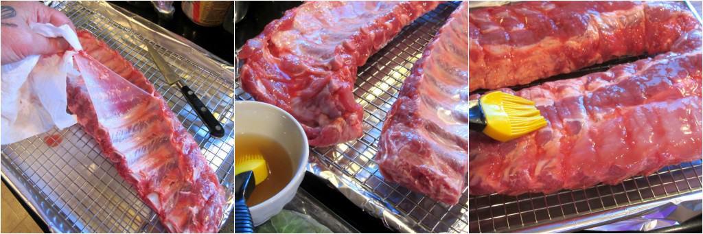 A three image collage for how to make slow roasted baby back ribs.