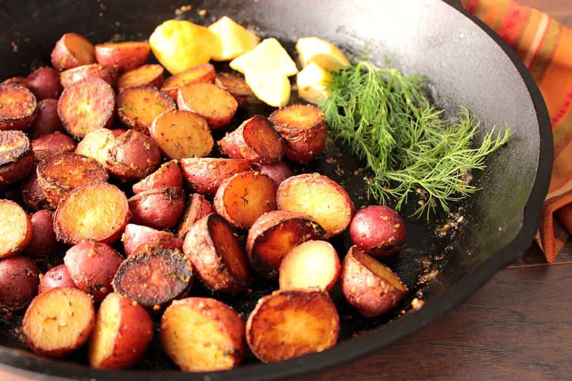 braised crispy red potatoes with lemon dill sauce