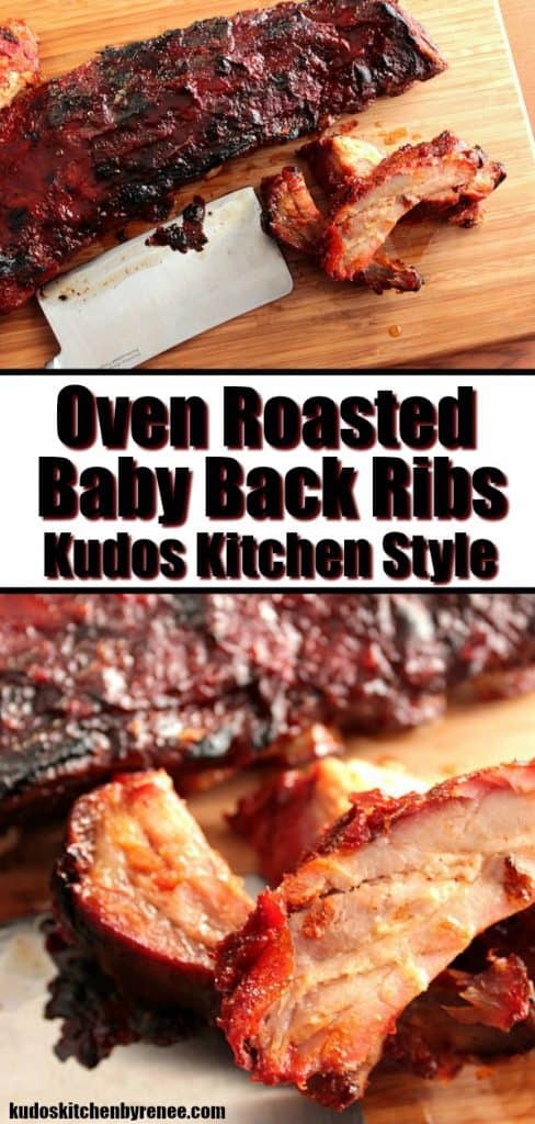 Vertical title text collage image of baby back ribs on a wooden cutting board with a cleaver.
