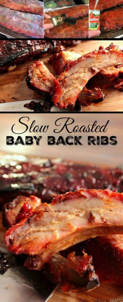 A vertical collage image of slow roasted baby back ribs with easy bbq sauce.