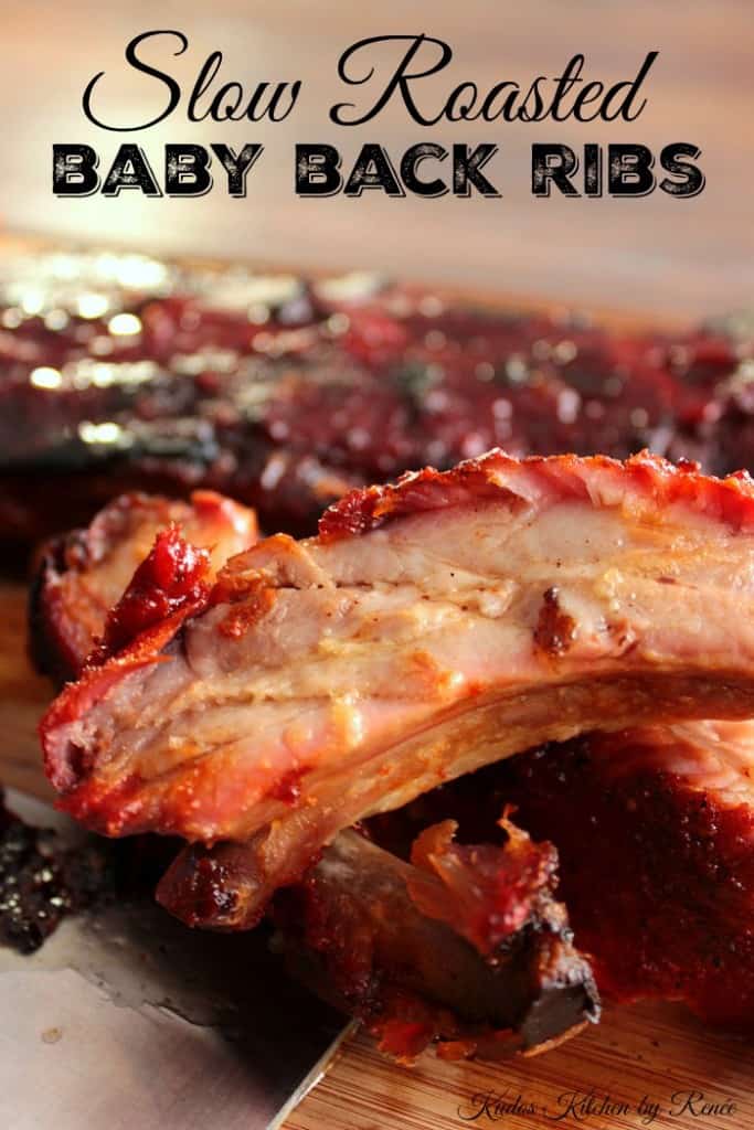 Closeup vertical title text photo of slow roasted baby back pork ribs.