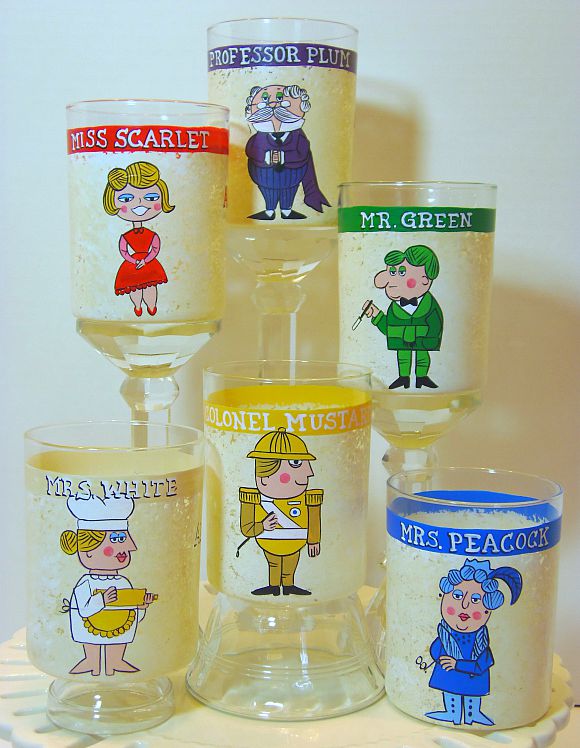 Retro Clue Character painted rocks glasses.