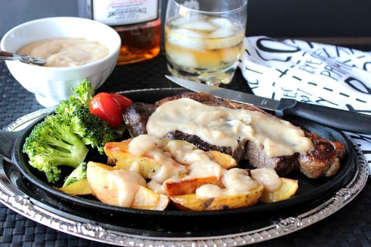 Steak, Roasted Potatoes with Bourbon Butter Sauce