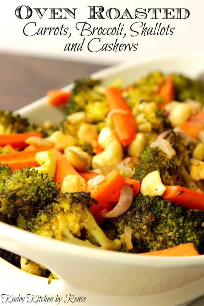 Title text image of broccoli and carrots in a bowl with shallots and cashews