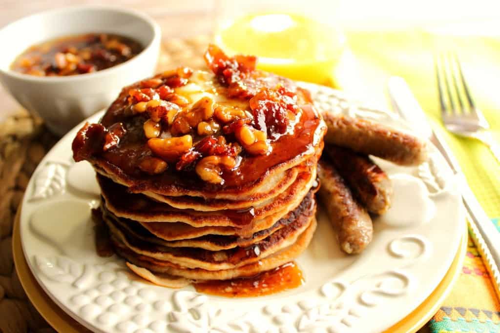 If you're looking to indulge in a wildly delicious stack of pancakes from time to time, do so with these Whole Wheat Banana Bourbon Pancakes with Bourbon Bacon Butter Syrup - Kudos Kitchen by Renee