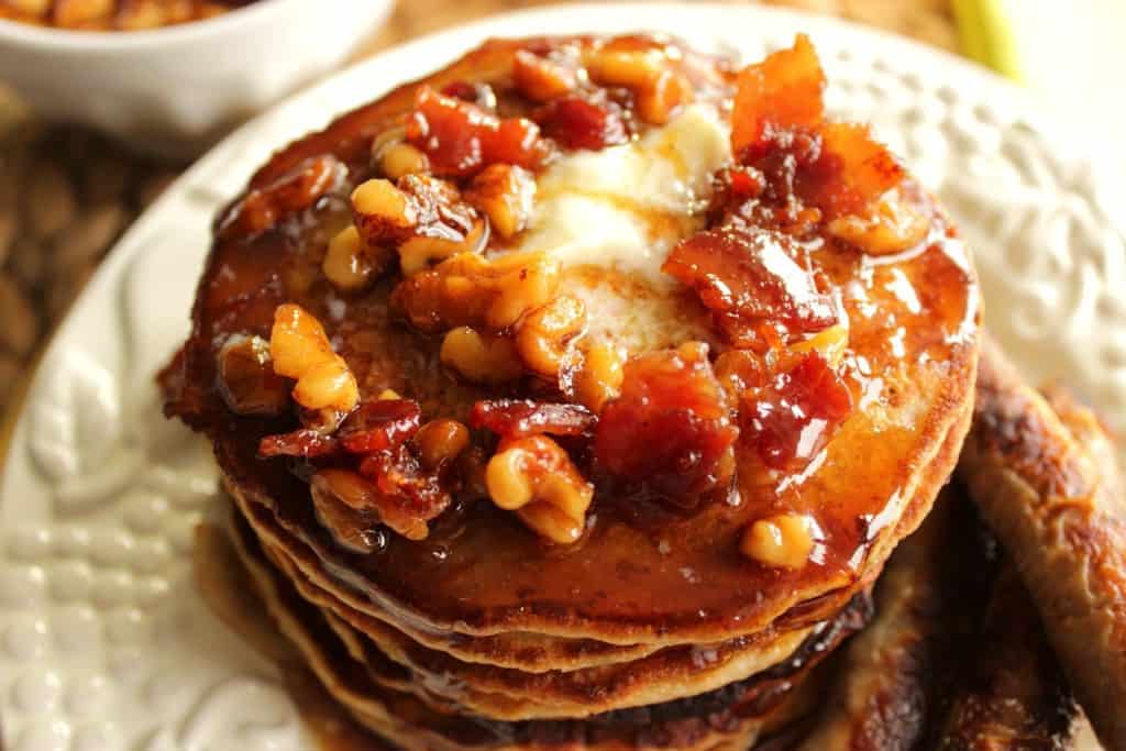 If you're looking to indulge in a wildly delicious stack of pancakes from time to time, do so with these Whole Wheat Banana Bourbon Pancakes with Bourbon Bacon Butter Syrup - Kudos Kitchen by Renee