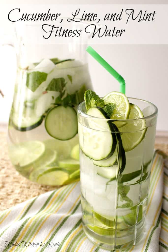 Vertical title text image of a pitcher and a glass filled with cucumber lime fitness water with slices of fruit, veggies, and ice.
