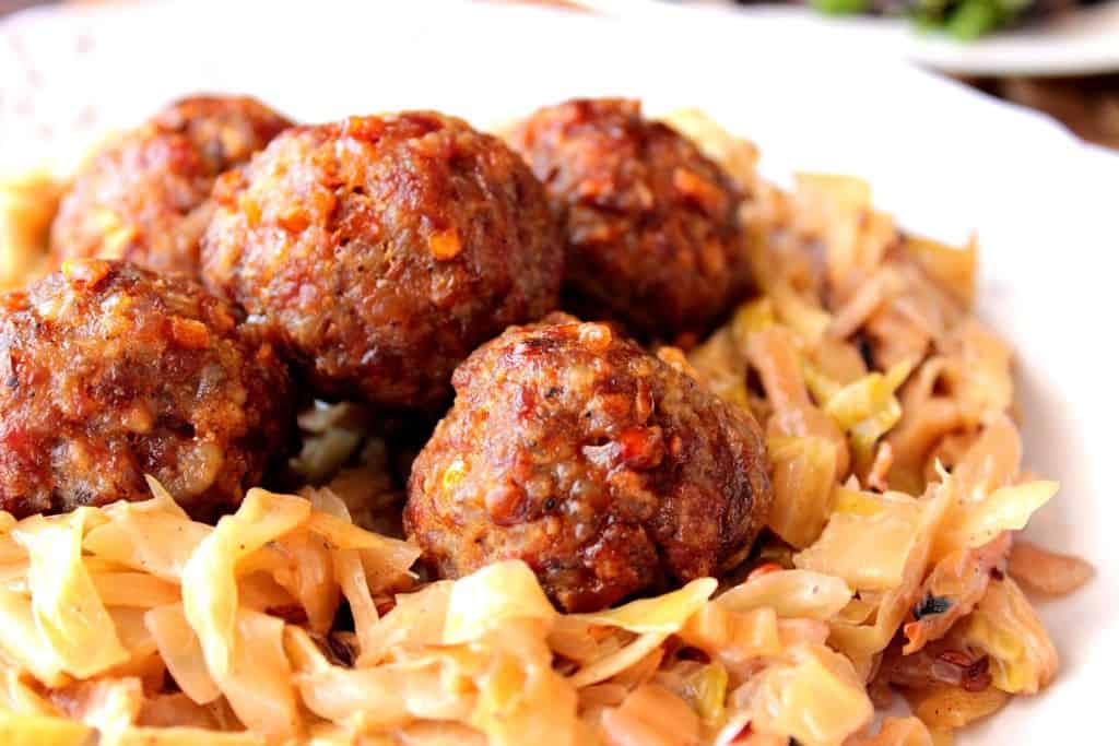Creamed cabbage with caraway and pork Dijon Meatballs