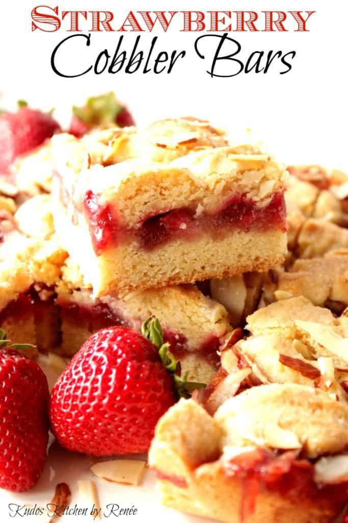 Title text vertical image of strawberry dessert bars with fresh strawberries and almonds.