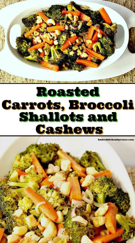 Vertical collage text image of broccoli and carrots in a white bowl.