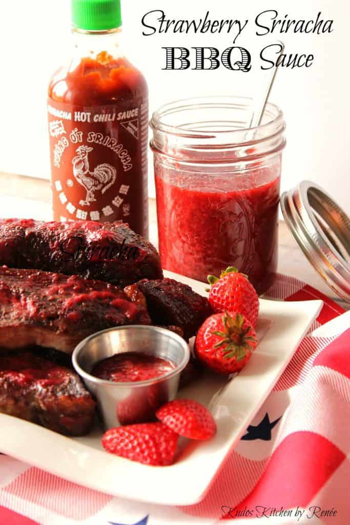 Title text image Strawberry Sriracha BBQ Sauce on a white plate with ribs and fresh strawberries