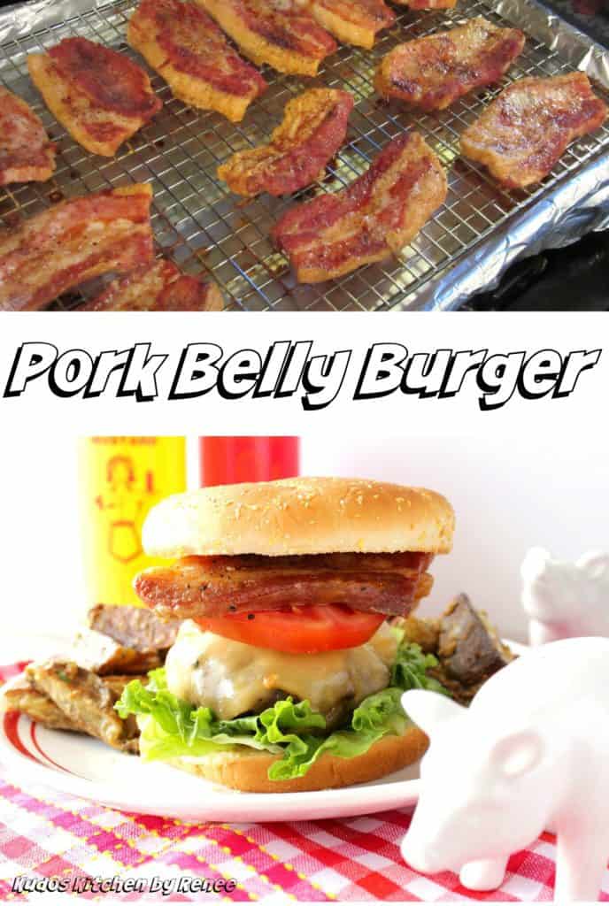 Cooked Pork Belly and Pork Belly Burger in a vertical collage image with title text overlay graphics.