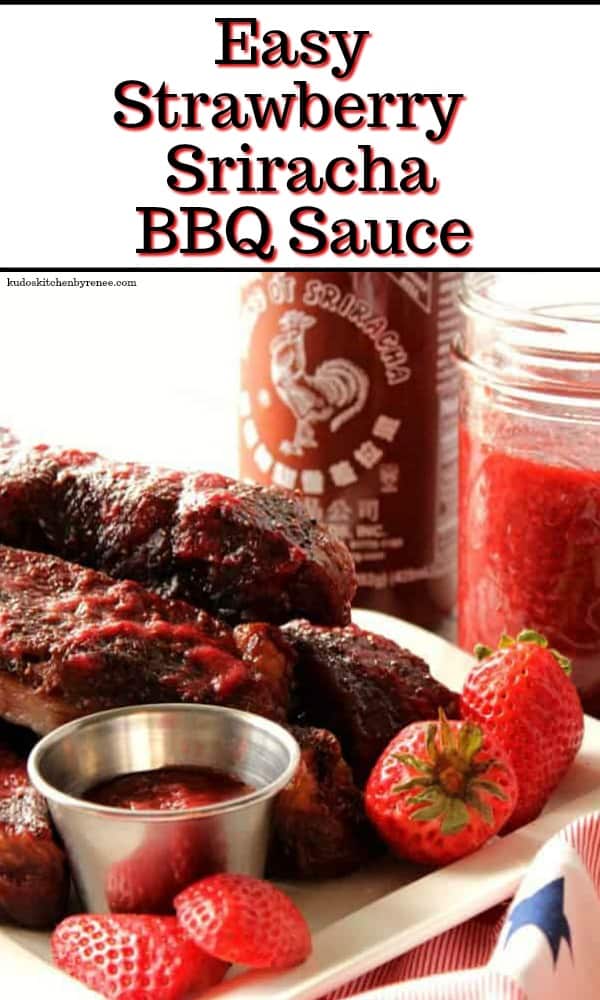Title text image of ribs with strawberry sriracha bbq sauce on a white plate with fresh strawberries.