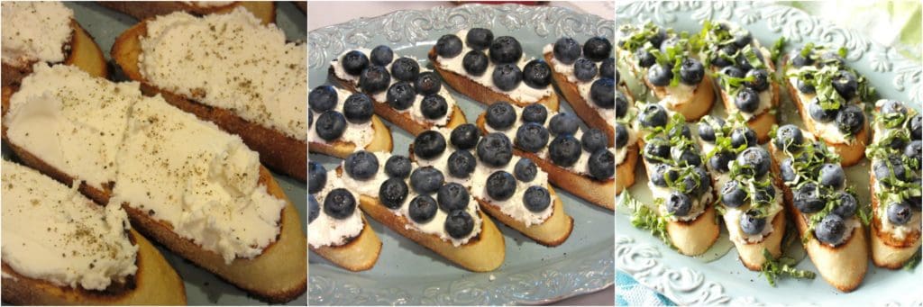 Three photo collage of making blueberry basil bruschetta.