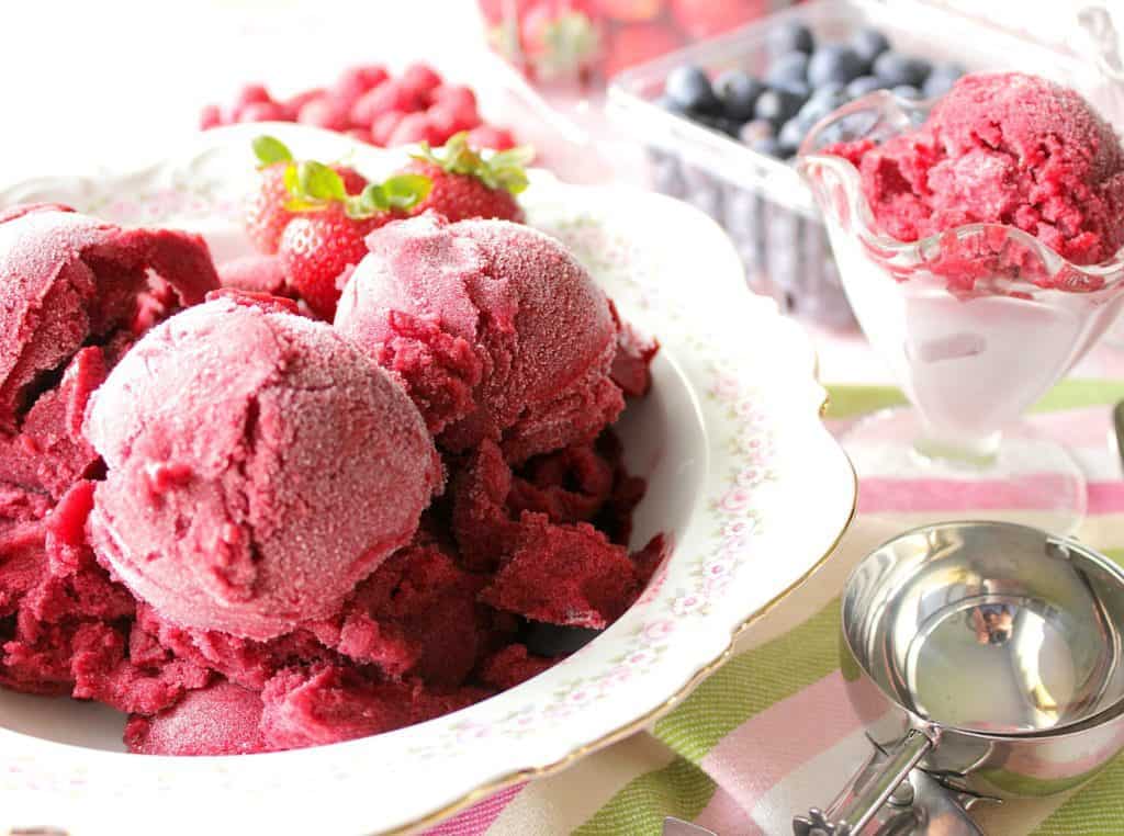 Mixed Berry Sorbet in a pretty pink bowl.