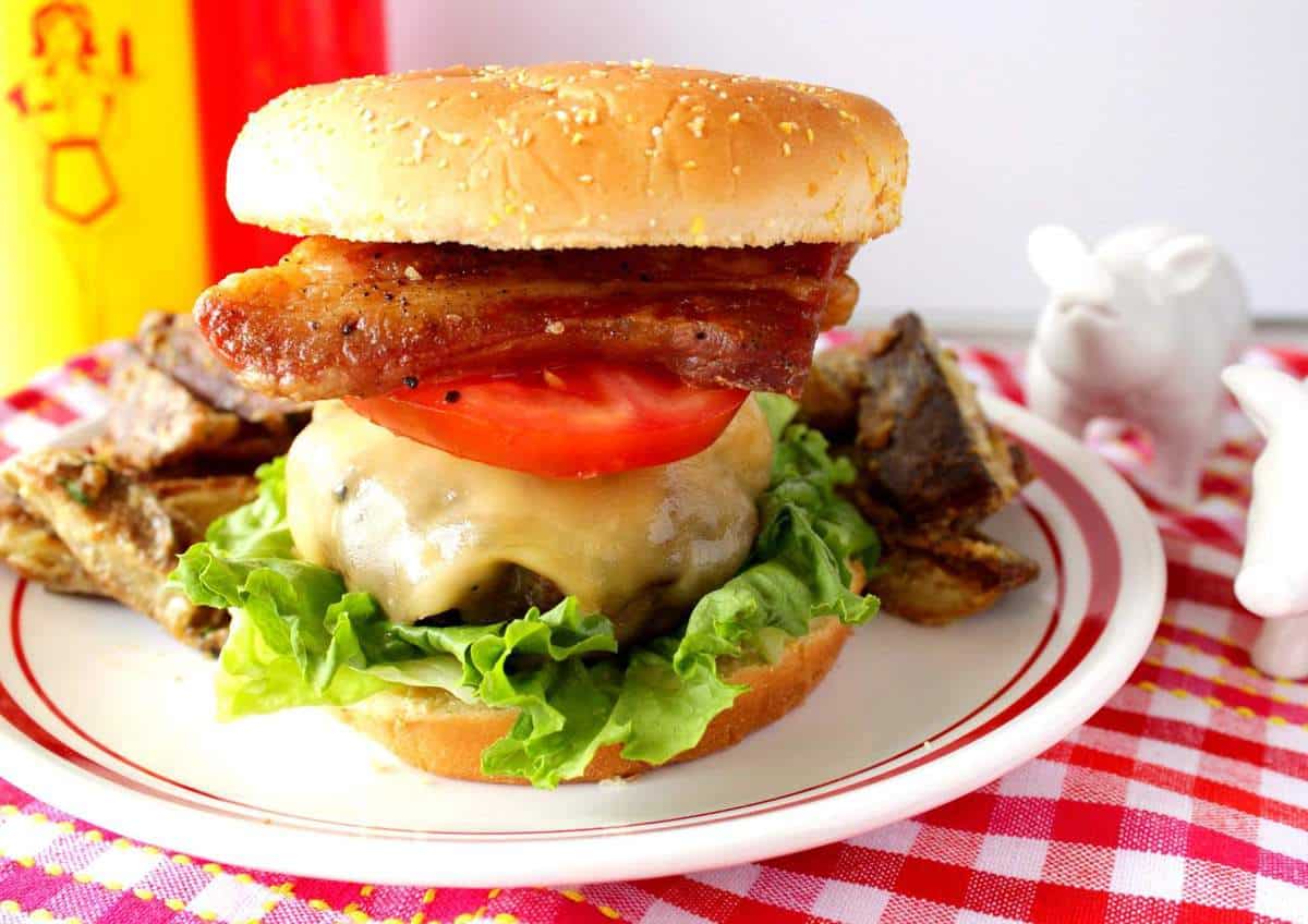Pork Belly Burger with lettuce and tomato