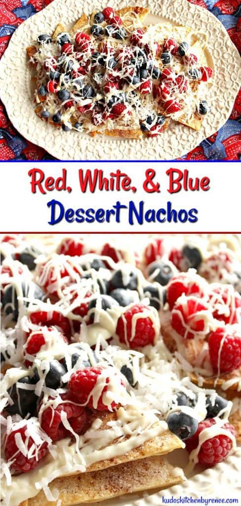 Title text collage image of dessert nachos on a white platter and a closeup.