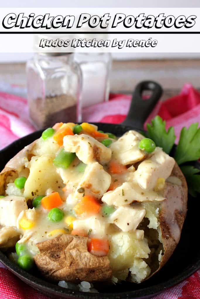 Creamy Chicken Pot Potatoes closeup title text graphic overlay image
