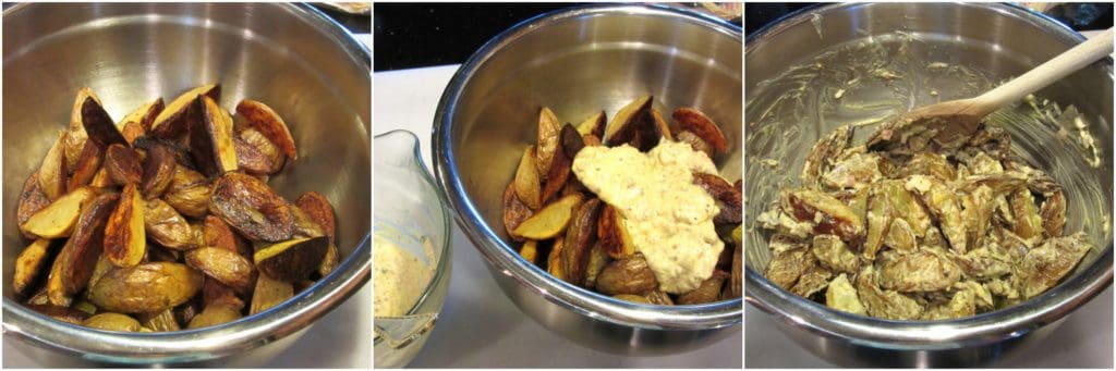 Tossing the dressing on Easy Roasted Potato Salad