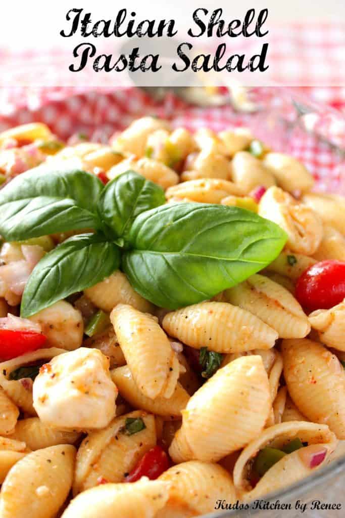 Closeup photo of pasta shell salad with fresh basil leaves, mozzarella cheese and title text.