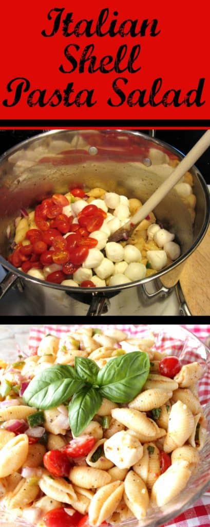 Title text vertical collage of how to make Italian shell pasta salad.