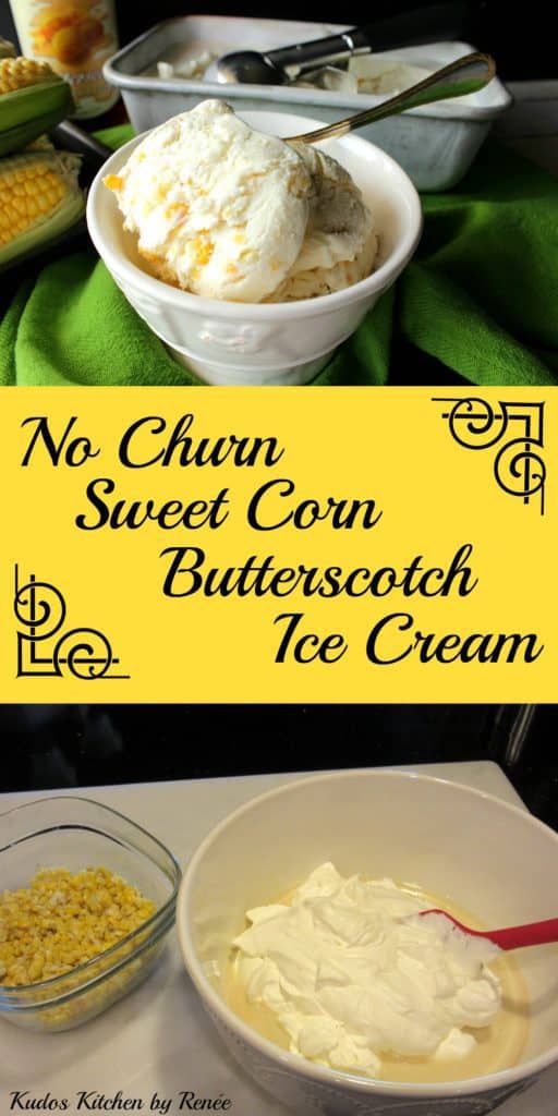 A vertical collage image of no-churn sweet corn ice cream along with a title text overlay graphic