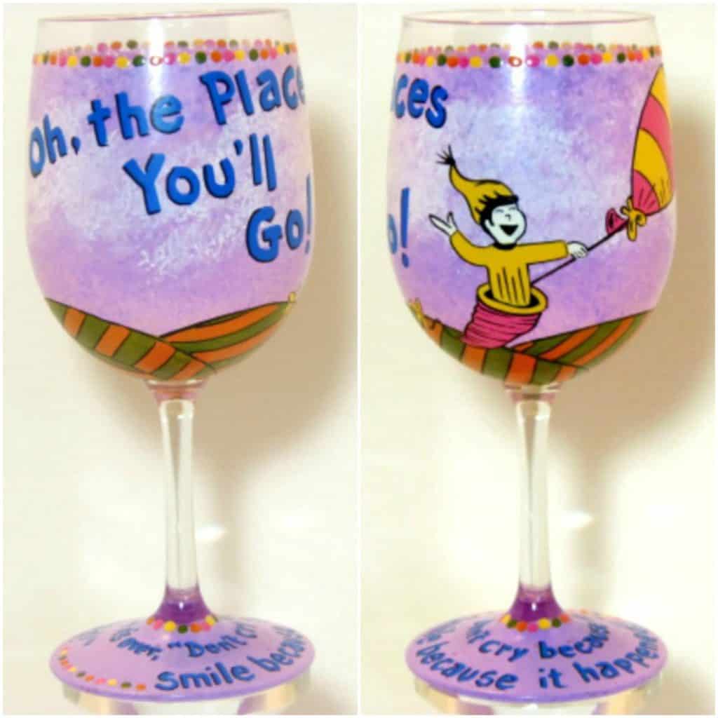 Oh, the places you'll go! Dr. Seuss Hand Painted wine glass - Kudos Kitchen Paints on Etsy Dr. Seuss Hand Painted Wine Glass - Kudos Kitchen Paints