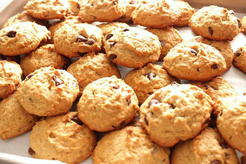 Peanut Butter Banana Chocolate Chip Cookies on a baking sheet