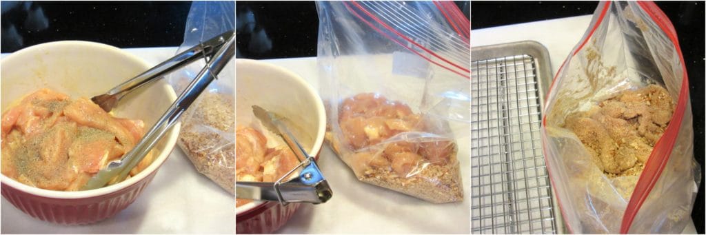 Coating chicken tenders with pretzels and pecans