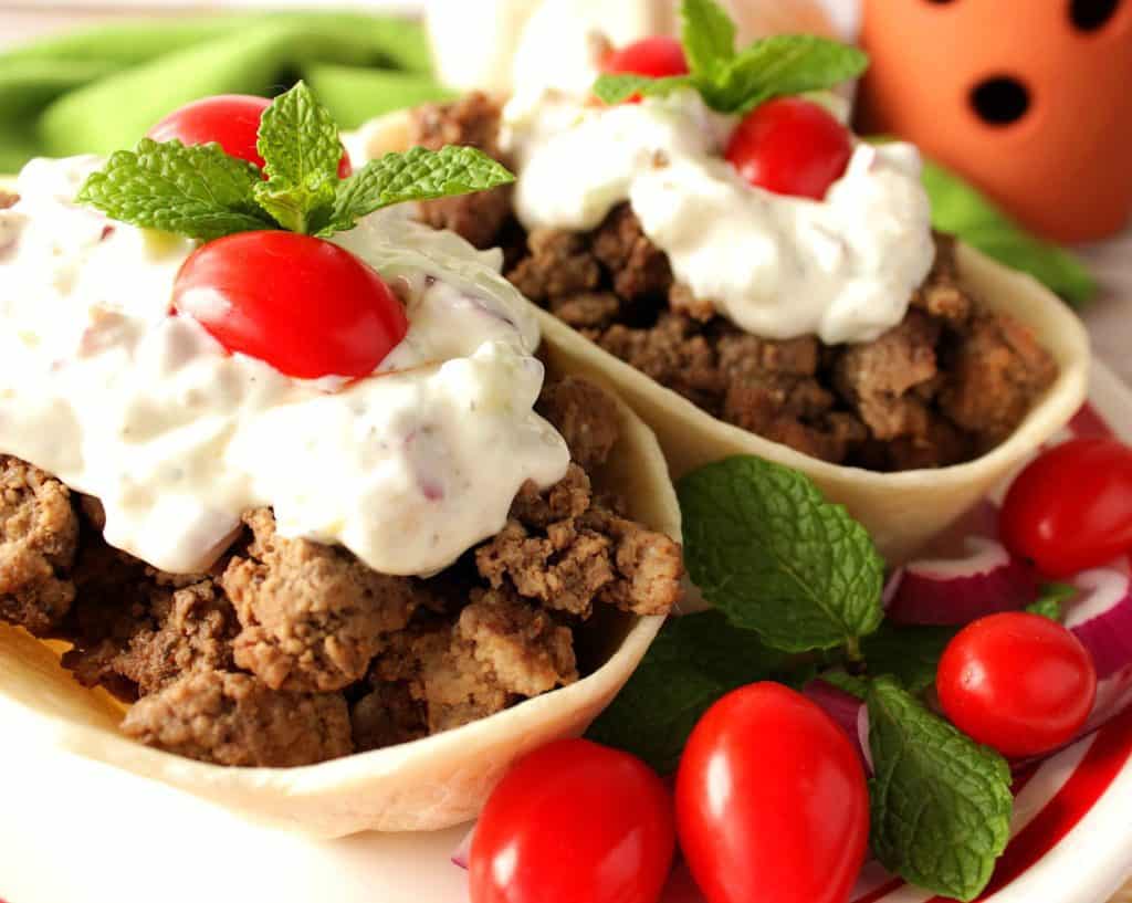 Ground Lamb in Flour Tortilla Boats with Tzatziki Sauce