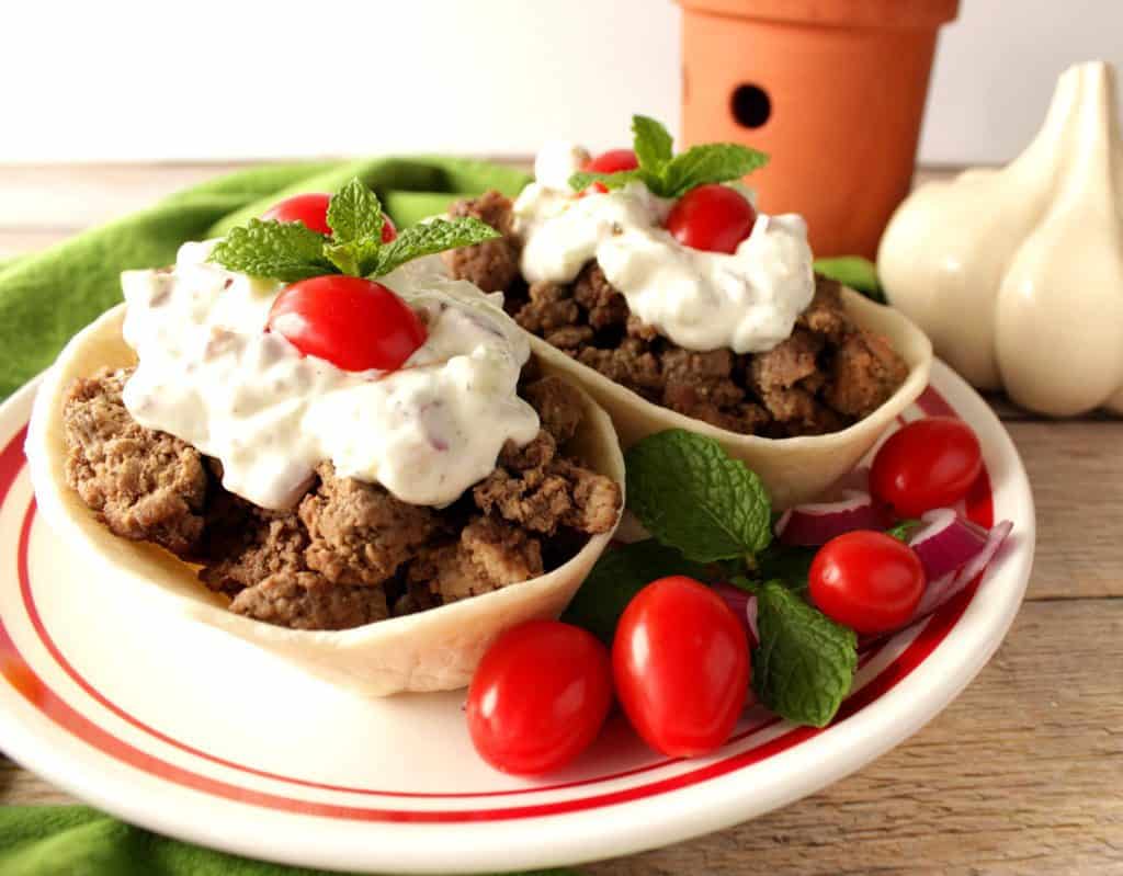 Ground lamb in flour tortilla boats