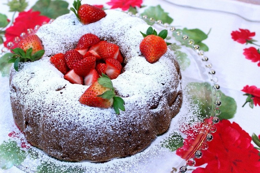 Strawberry Rhubarb Bundt Cake for mother's day desserts recipe roundup