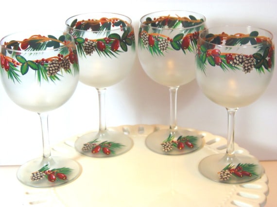 Pine cone and berries hand painted wine glasses