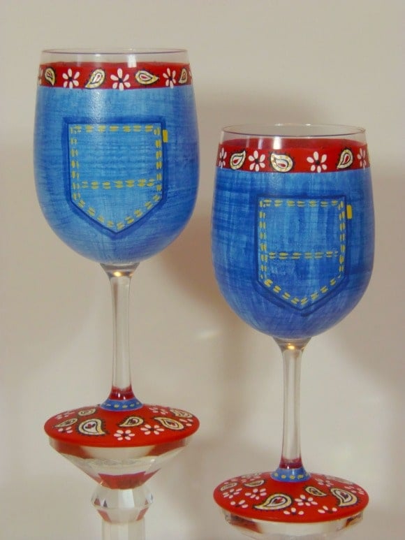 Blue Jean Bandanna Hand Painted Wine Glasses