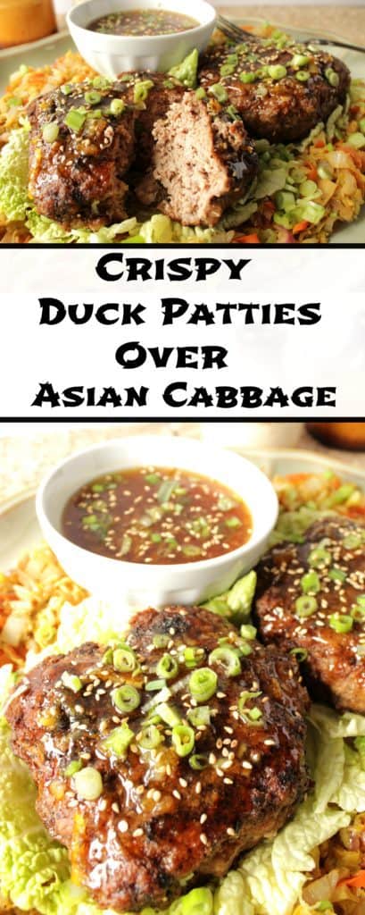 Title text image collage for crispy duck patties over Asian cabbage with orange sauce, scallions, and sesame seeds.