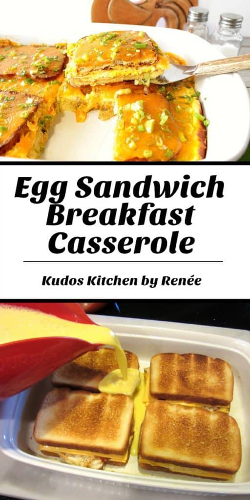 Title text collage image of egg sandwich breakfast casserole.