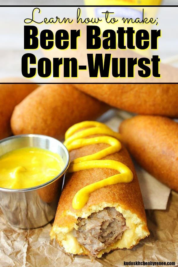 Vertical title text image a beer batter bratwurst with mustard.