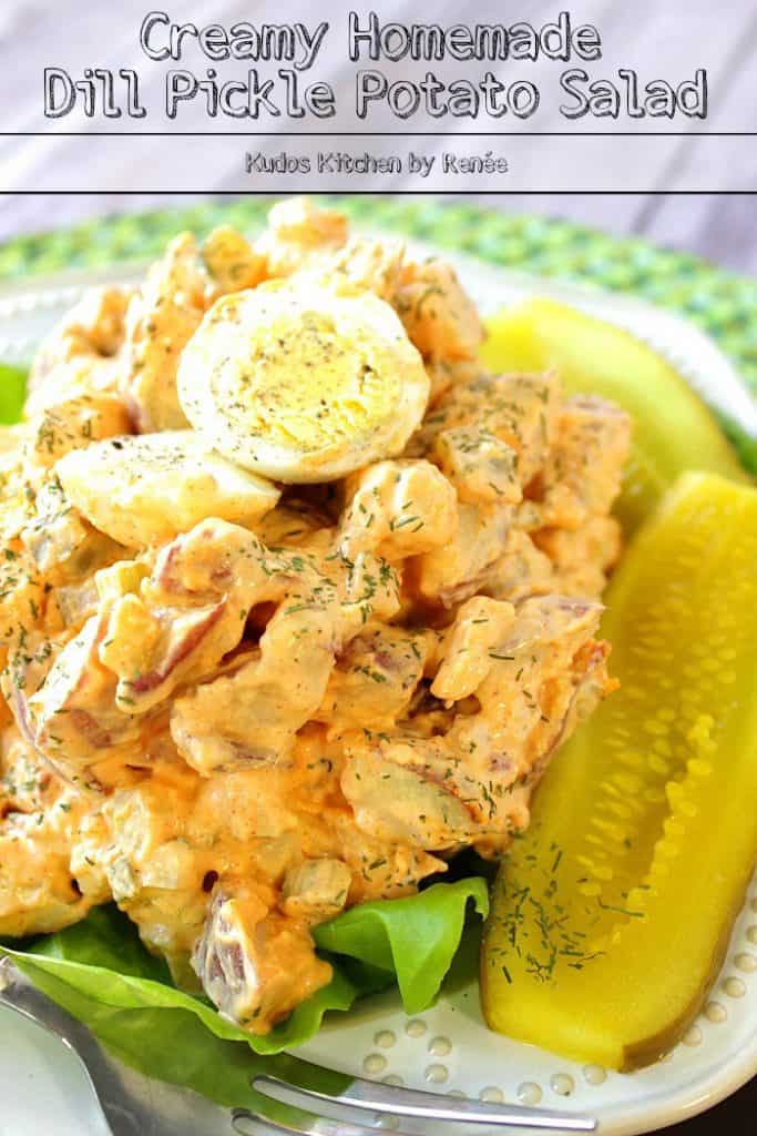 Title text image of creamy dill pickle potato salad with pickle spears and a hard boiled egg on top.