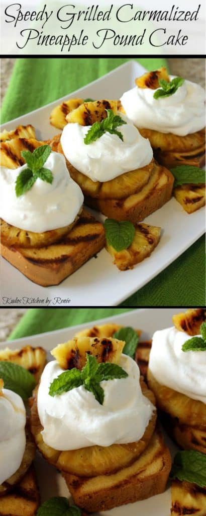 Title text collage images of grilled pineapple pound cake.