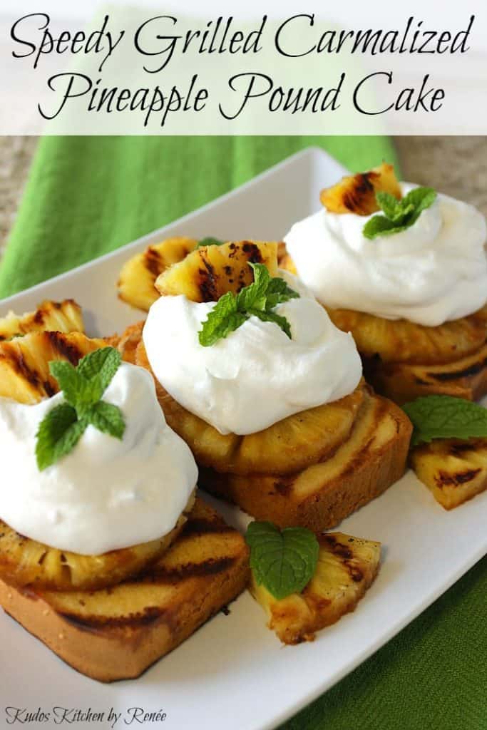 Closeup and title text photo of grilled pineapple pound cake