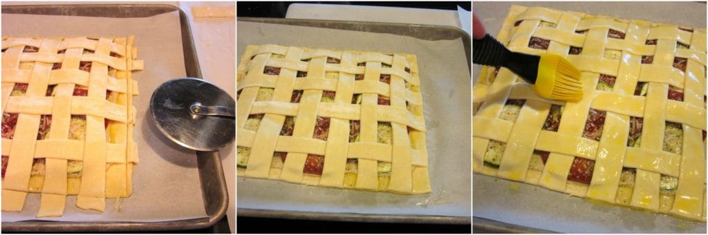 Trimming a puff pastry vegetable tart.