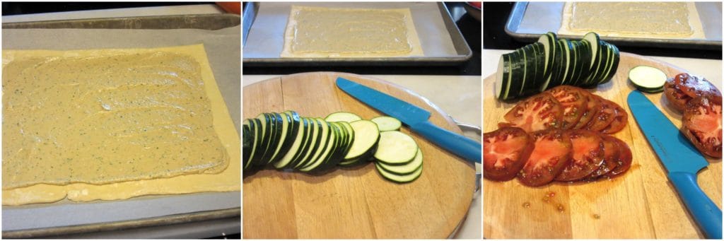 Making tomato zucchini puff pastry tart.