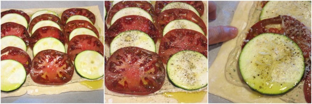 Layering tomato and zucchini for puff pastry tart