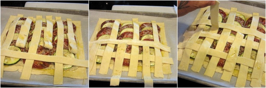 Making a puff pastry lattice top.