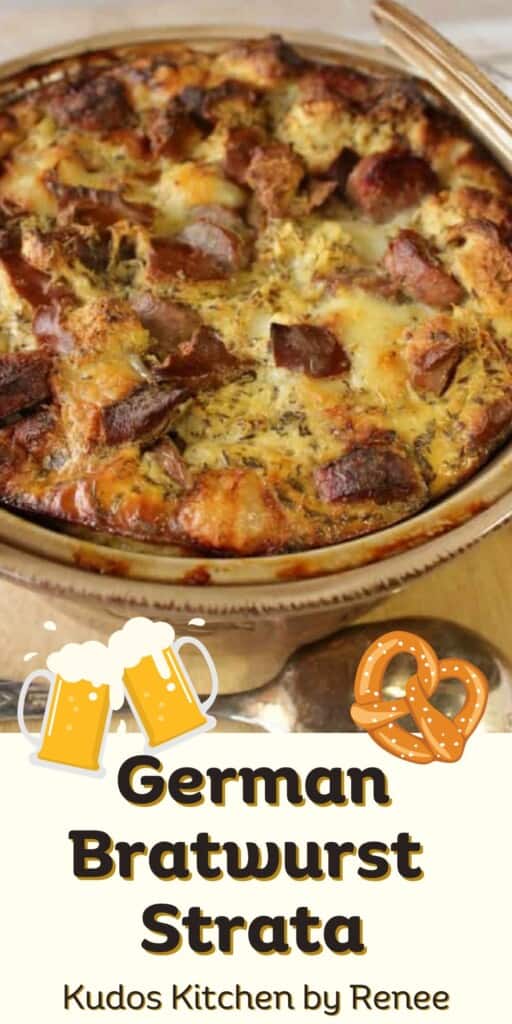 A Pinterest image for German Bratwurst Strata with a title text graphic.
